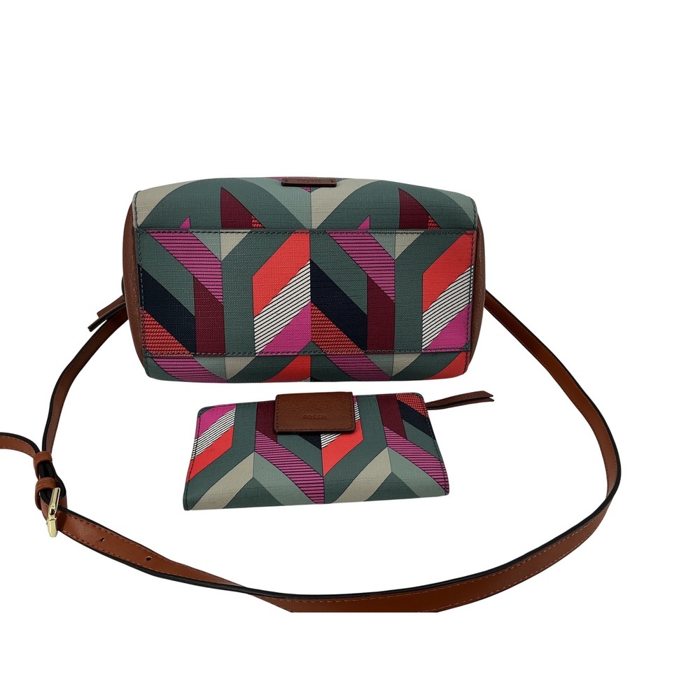 Fossil Geometric Print Satchel Crossbody Bag‎ and Wallet Set Brown Leather Trim - Picture 7 of 14